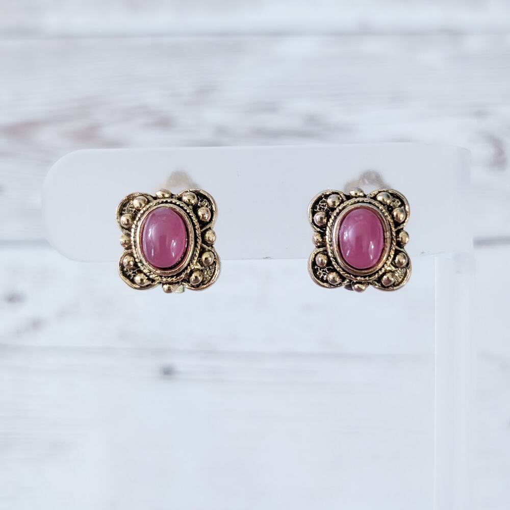Vintage Clip On Earrings Antique Gold Tone Halo with Dark Pink Center